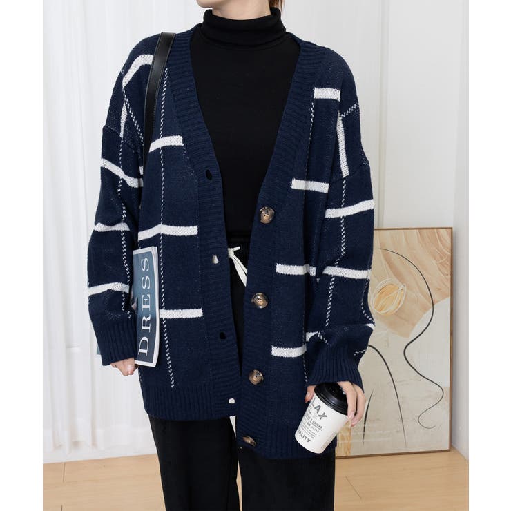 ニットカーディガン BIGチェック柄秋冬[品番：II000007748