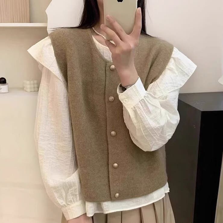 クルーネック ニットベスト カーディガン レディース[品番