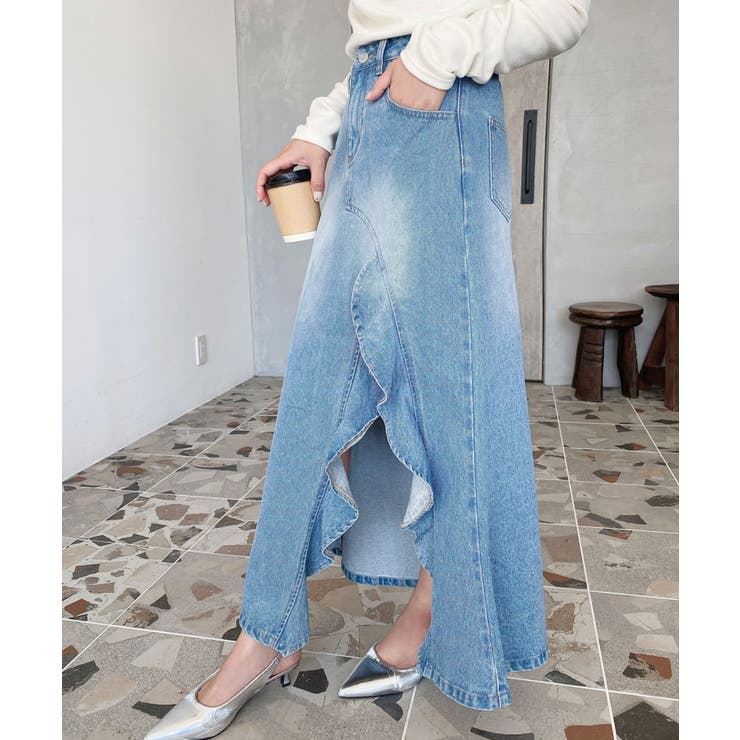 アシメフリルロングデニムスカート[品番：ERMW0003923]｜moment+