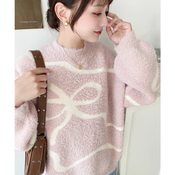 リボンラインジャガードフェザーニット長袖プルオーバー[品番