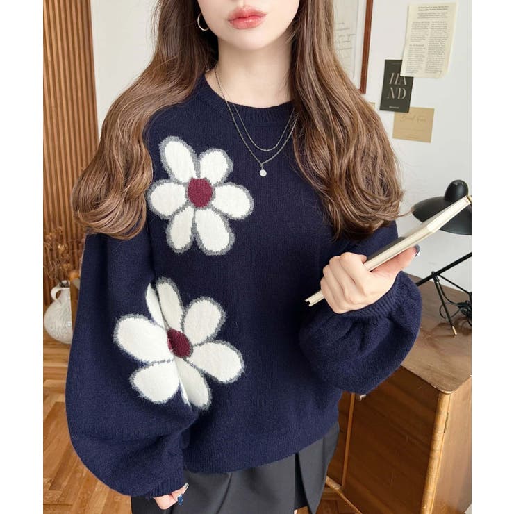 フラワージャガードニットプルオーバー[品番：ERMW0003956]｜moment+