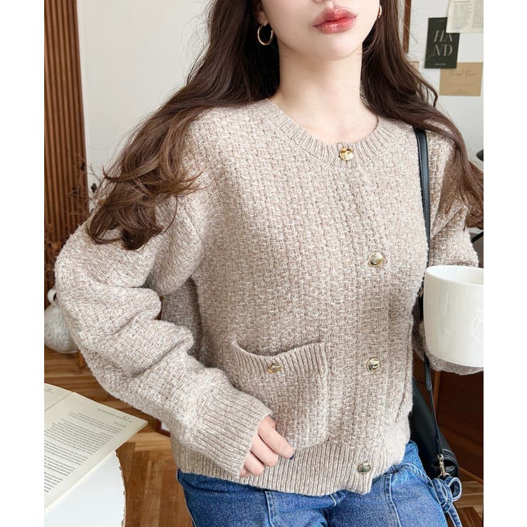 Wポケット金ボタンツイードライクニットカーディガン[品番