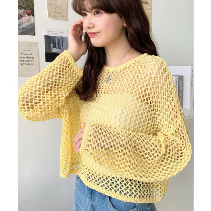 ゆるメッシュ透かし編みクルーネックニットプルオーバー[品番