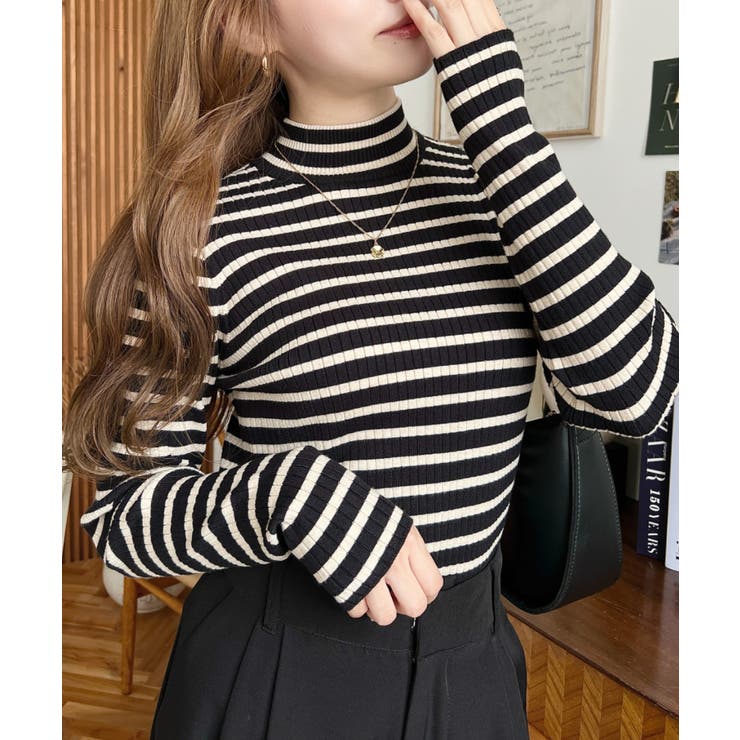 ボトルネックワイドリブカラー＆ボーダーニットプルオーバー12G[品番