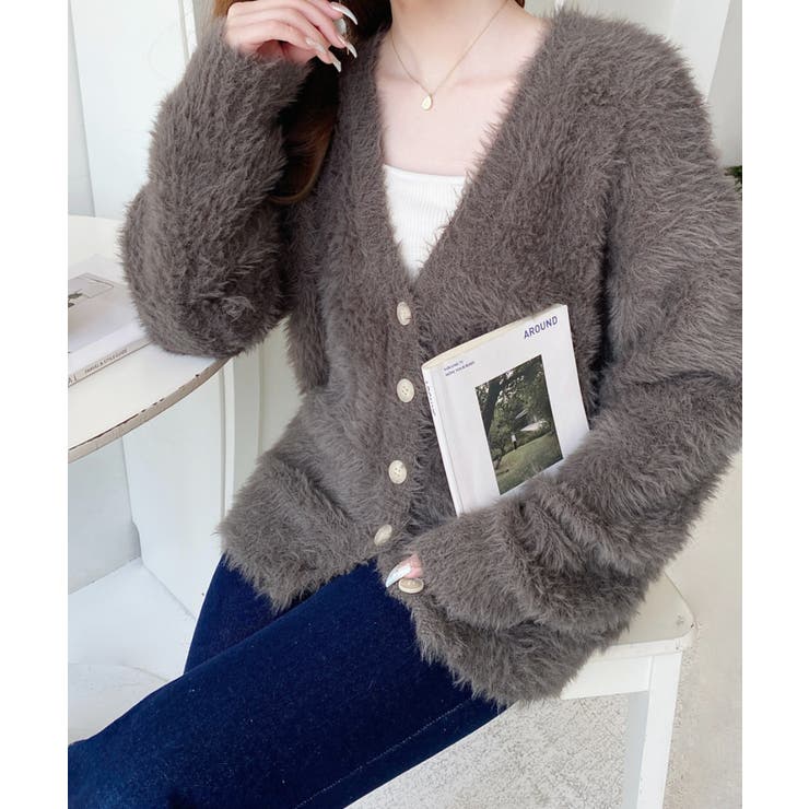Vネックロングシャギーニットカーディガン[品番：ERMW0003972