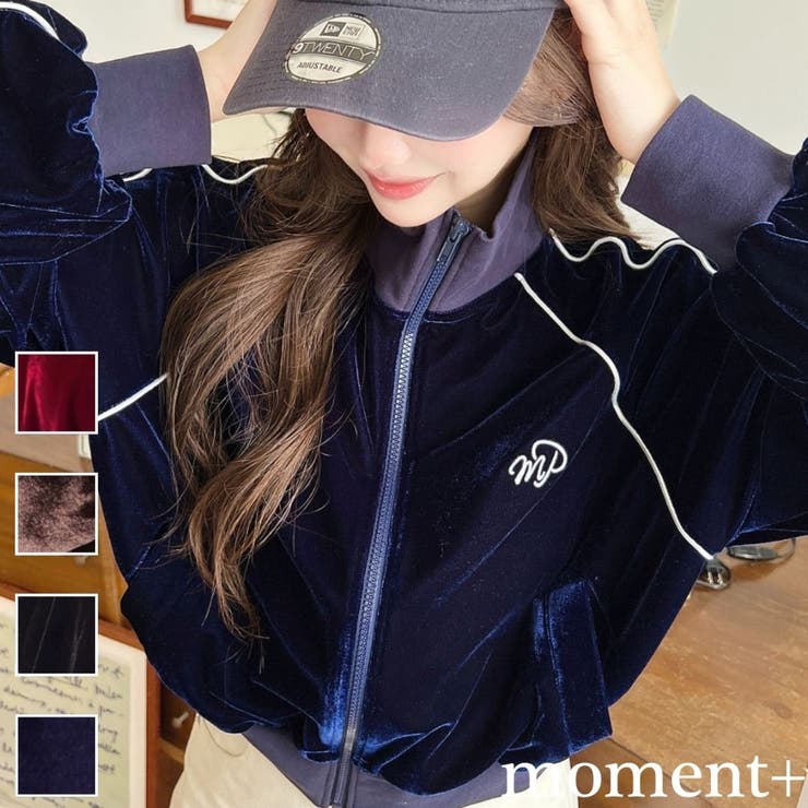 ワンポイント刺繍配色ラインベロアトラックジャケット[品番