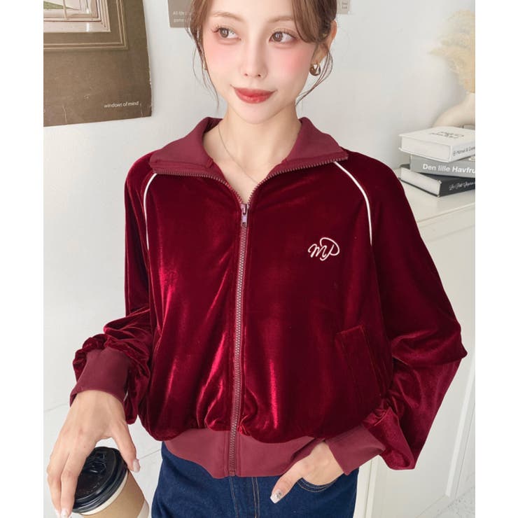 ワンポイント刺繍配色ラインベロアトラックジャケット[品番