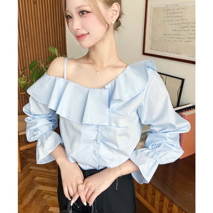 フロントタックアシンメトリーフリルワンショルダーブラウス[品番