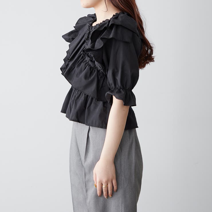 5分袖クロスフリルブラウス[品番：NCLW0012485]｜NICE CLAUP / OLIVE