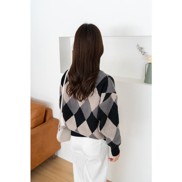 タートルネックニットトップス アーガイル レディース[品番