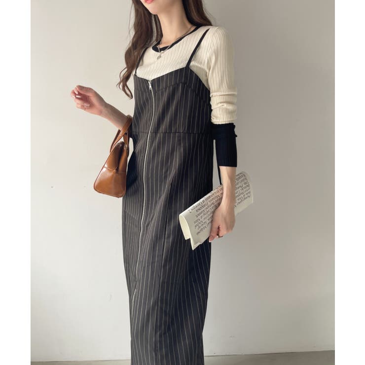 Eclat one】ピンストライプ フロントジップ キャミワンピース[品番