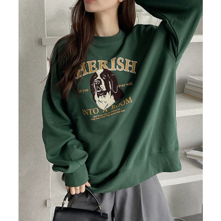 Eclat one】サガラ刺繍 ドッグ カレッジロゴデザイン 裏毛スウェット