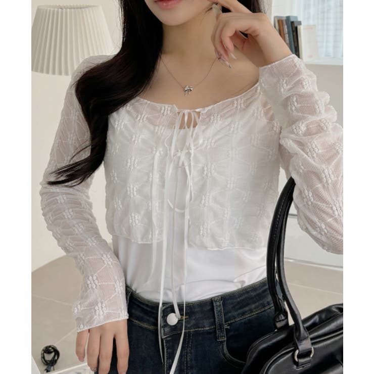 フロント リボン クロップド レース カーディガン[品番：ORGW0009396