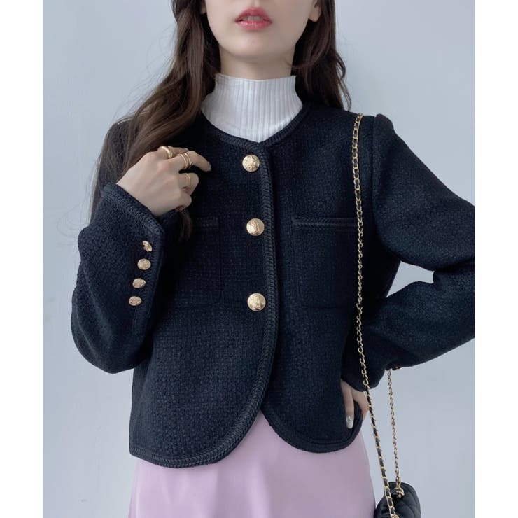 パイピング ツイードライク 金ボタン ジャケット[品番：ORGW0008568