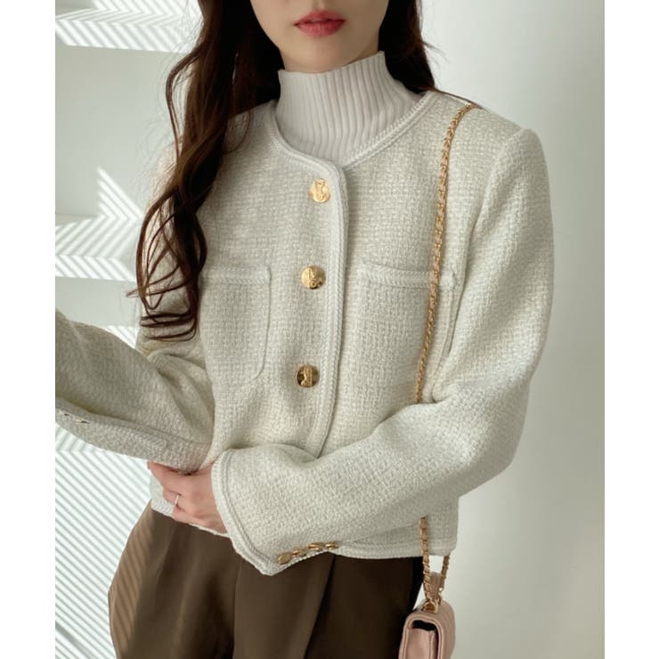 パイピング ツイードライク 金ボタン ジャケット[品番：ORGW0008568