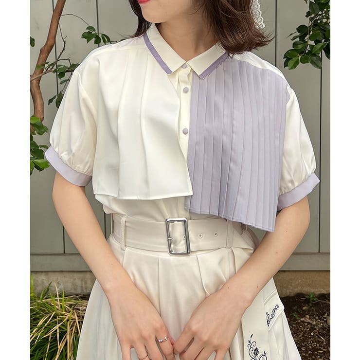 プリーツ使バイカラー半袖ブラウス[品番：IGAW0003755]｜axes femme