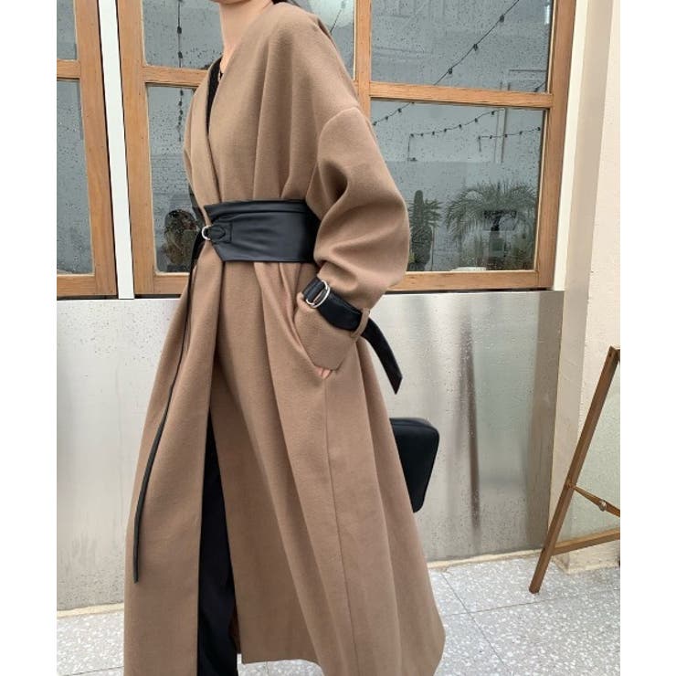合皮ベルト付きノーカラーロングコート[品番：ABIW0000580]｜Diosfront