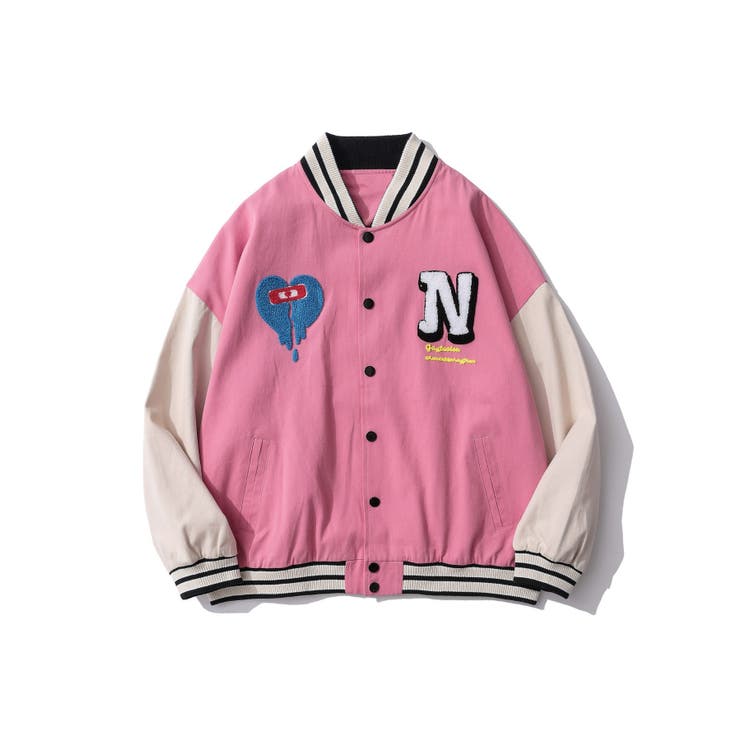 HOOK新作 アメカジ袖配色切り替えドッキングブルゾン ワッペン刺繍入り