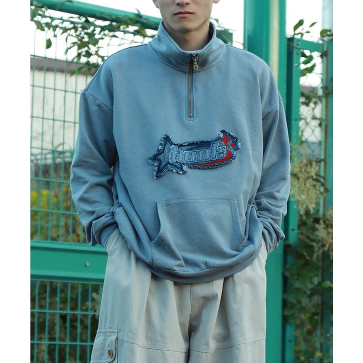 HOOK original アメカジパッチ刺繍デニム風ウォッシュハーフジップ