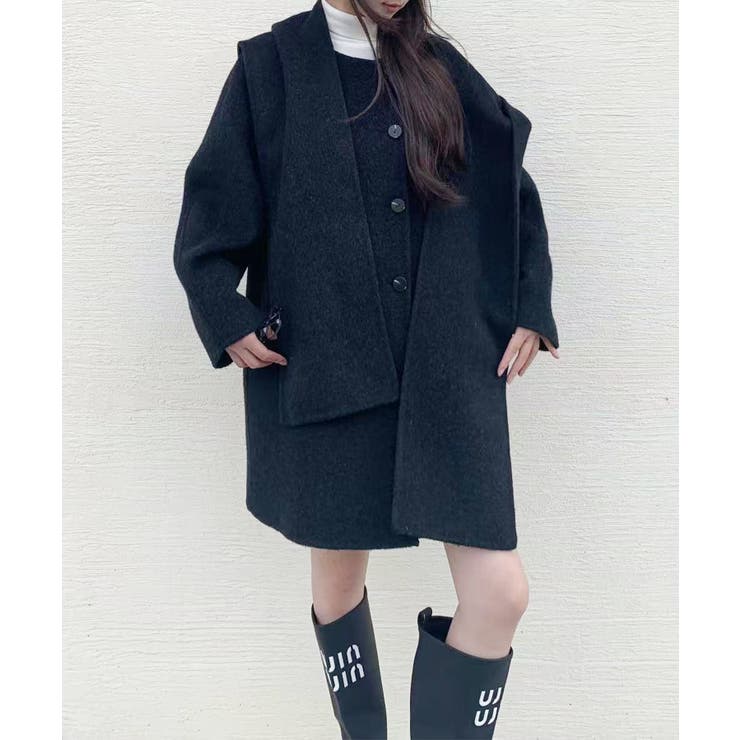 フードマフラー付きダブルブレストウールコート【AW】[品番