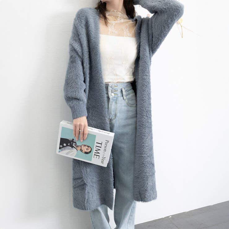 シャギーロングニットカーディガン 韓国風[品番：AGCW0005403