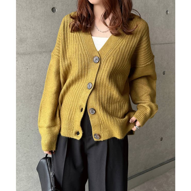 リブ編み ボックスシルエット ニットカーディガン[品番：AZ000004445