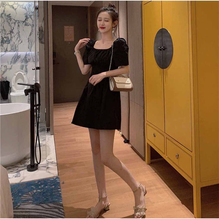 ミニワンピースドレス クエアネック 半袖 シンプル カジュアル 韓国風