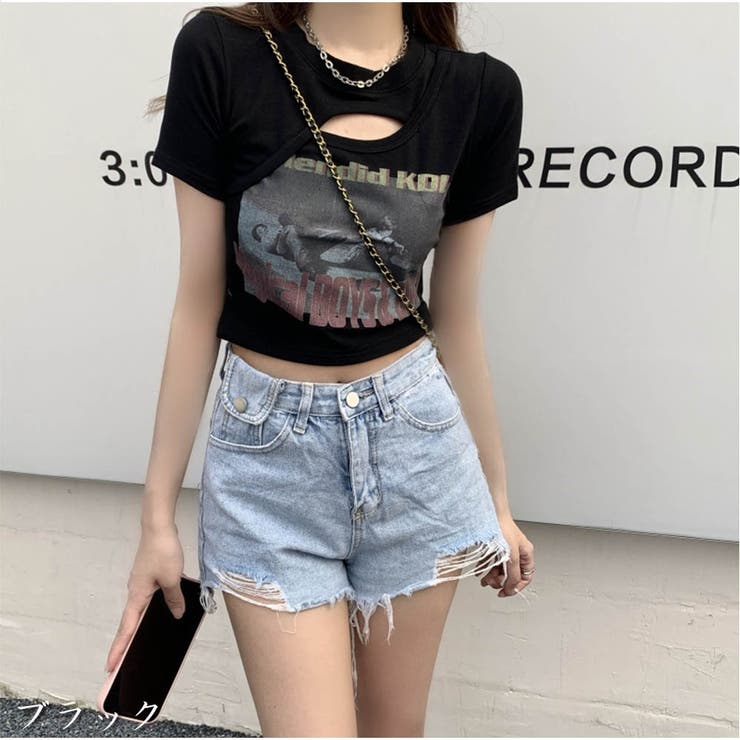 ショート丈Tシャツ ロゴプリント ミニ丈へそ見え半袖 ロゴTシャツ