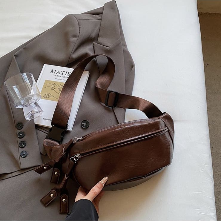 ダブルポケットPUレザー ボディバッグ ウエストポーチ[品番