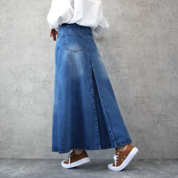 バック プリーツ デニム ロングスカート スカート 秋冬 オールシーズン