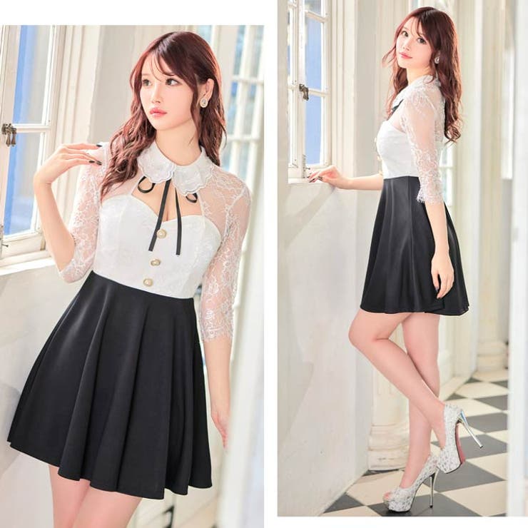 キャバ ドレスネックリボンフラワーレース襟付きAラインミニドレス