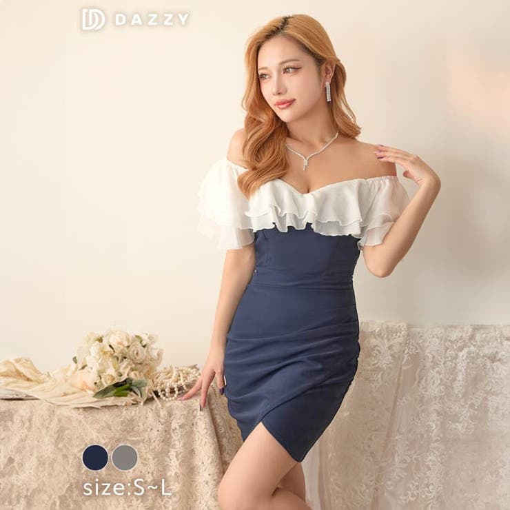 SMLサイズ]サイドギャザーシフォンフリルオフショルタイトミニドレス