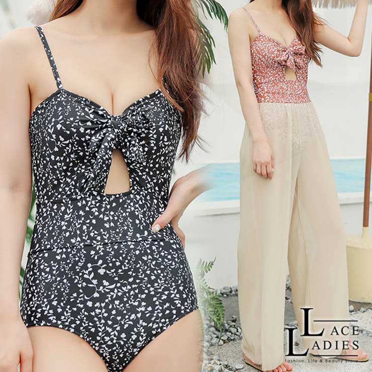 シアーロングパンツ付き 花柄リボンワンピース 水着2点セット[品番