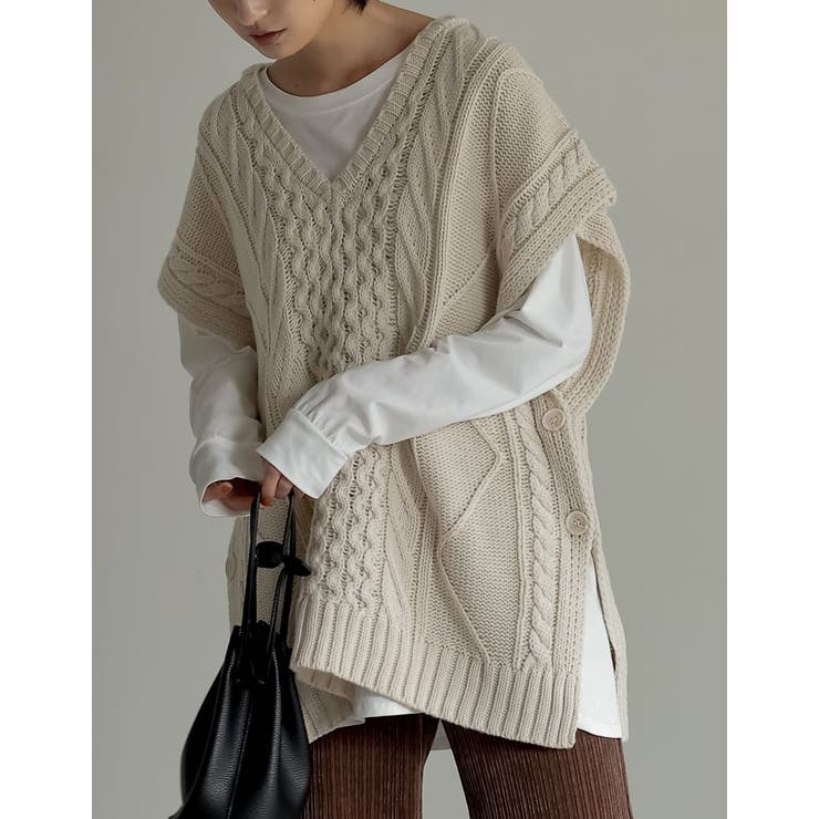 レイヤードが映えるケーブル編みベスト [低身長サイズ有]Vネック