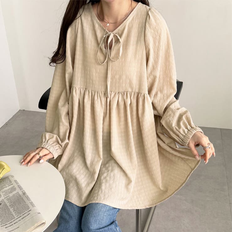 前後2WAYリボンペプラムチュニックブラウス[品番：GERW0010884