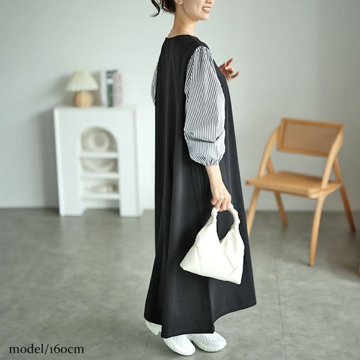 大きいサイズレディース ワンピース 袖ストライプドッキングワンピース