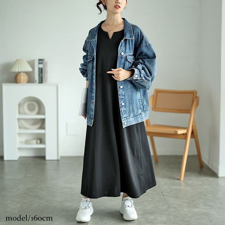 大きいサイズレディース ワンピース 袖ストライプドッキングワンピース