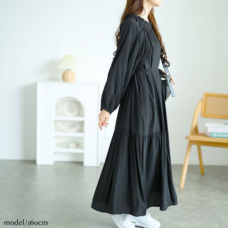 大きいサイズレディース ワンピース フリルネックティアードワンピース