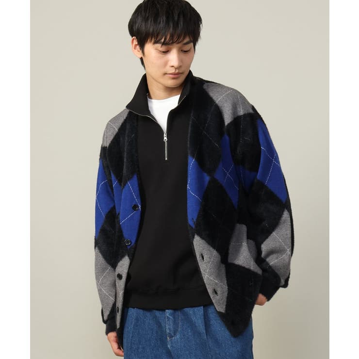 肌触りなめらか】アーガイル柄シャギーニットカーディガン(厚手）[品番