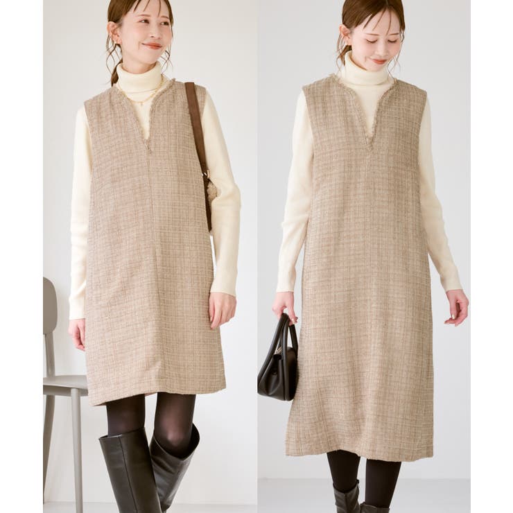 キーネックツイードジャンパースカート ワンピース/着丈が選べる[品番