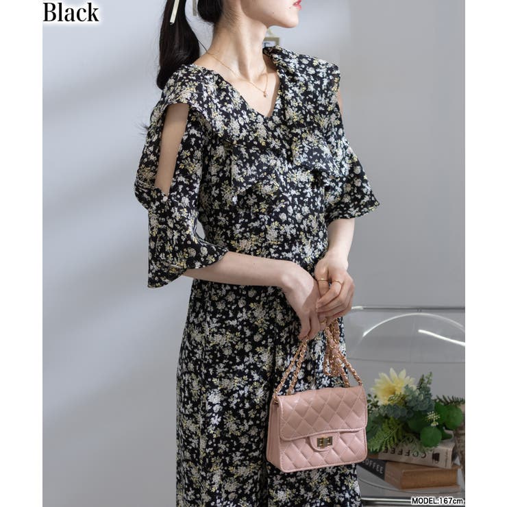 花柄 肩あき フリル袖 ロングワンピース[品番：PPNW0004165]｜Pumpkin