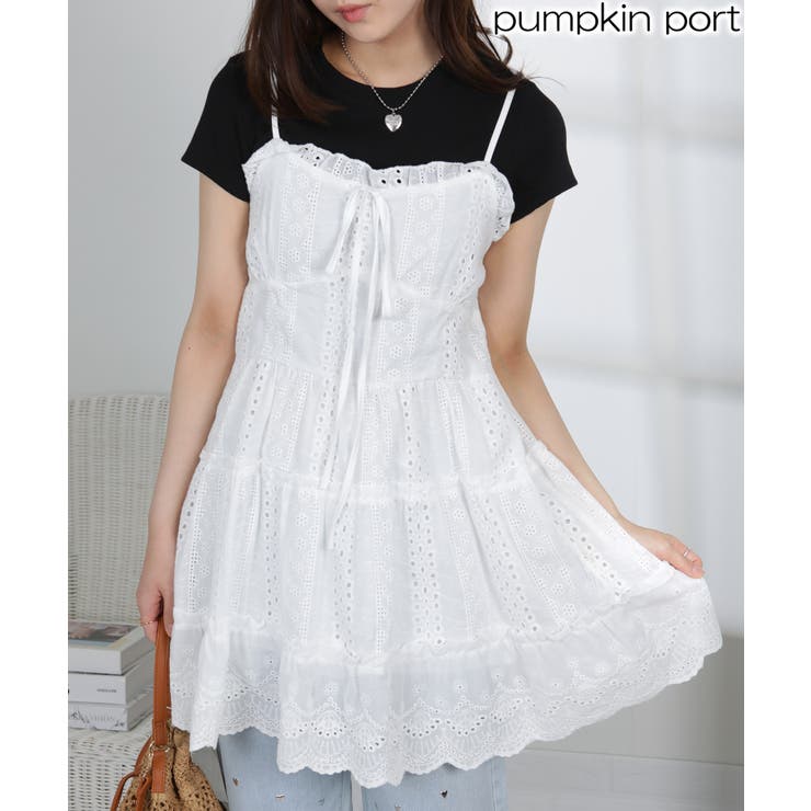 コットン風レース ティアードキャミミニワンピース[品番：PPNW0005286