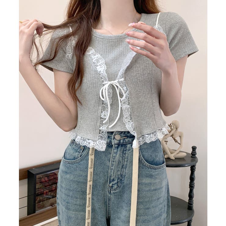 2点セット] レースリボンビスチェ+Tシャツセットアイテム レイヤード