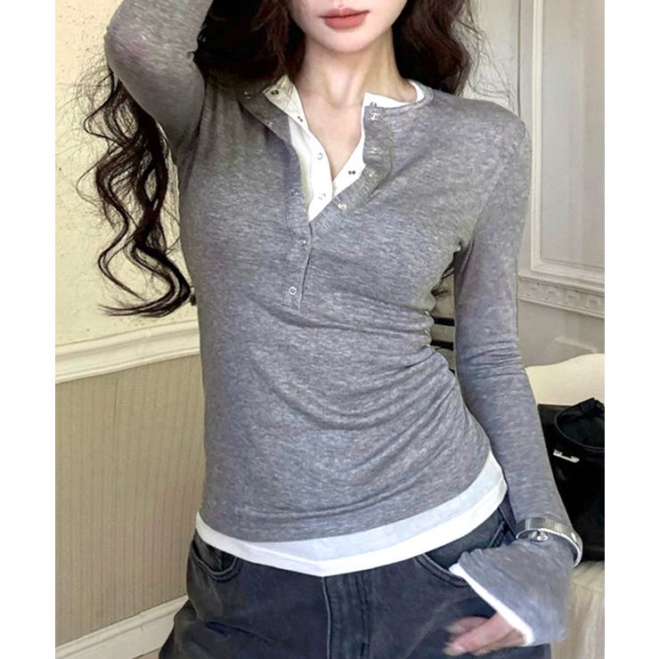 ヘンリーネックレイヤード風トップス フェイクレイヤード ドッキング