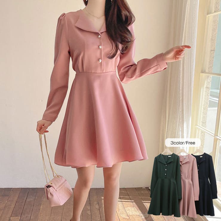 シンプルなミニフレアワンピース レディース 長袖[品番：KH000013305