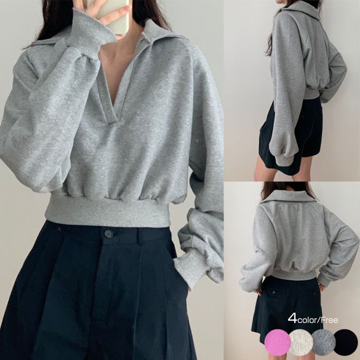 襟付きVネッククロップトレーナー長袖 tシャツ ショート丈[品番