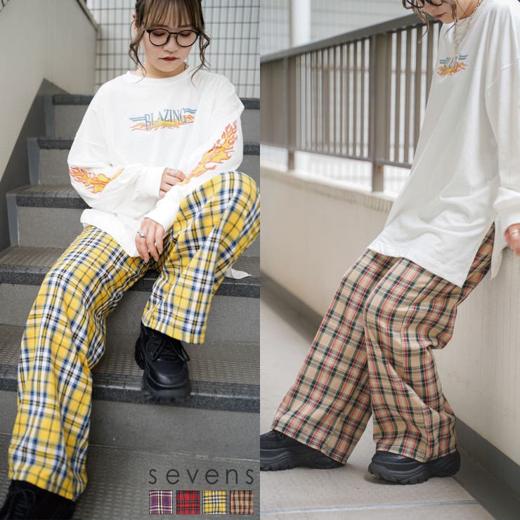 チェック柄ワイドパンツ チェックパンツ ボトム[品番：ATYW0001032