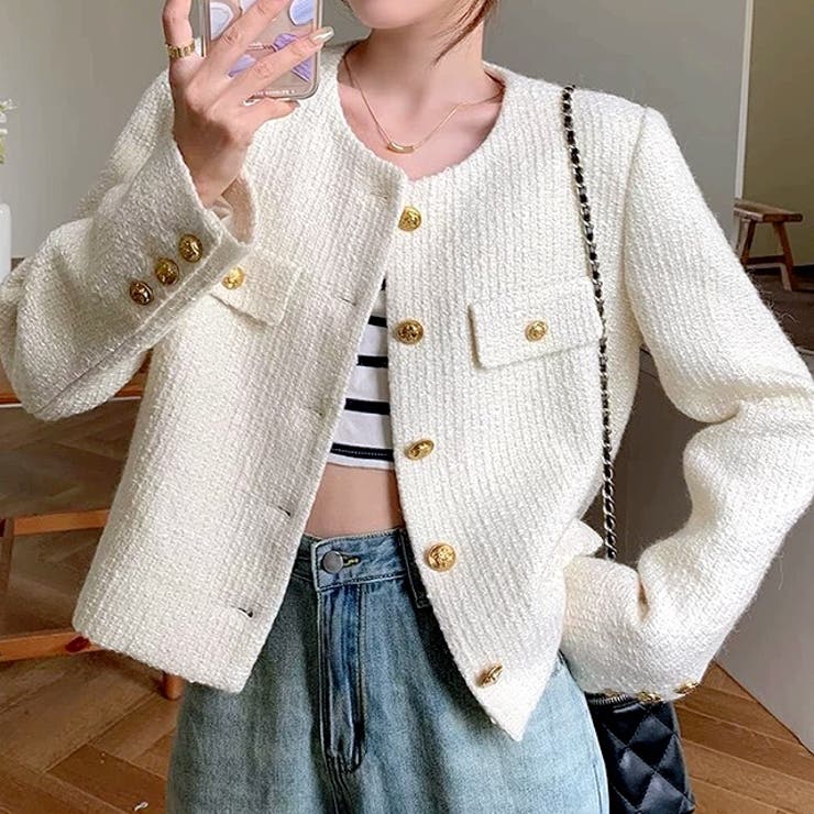 ツイード風ノーカラージャケット 春 秋[品番：SHNW0010683]｜SHEENA