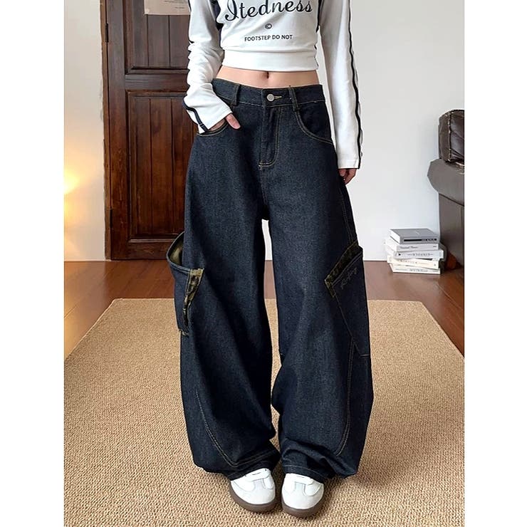 レオパード柄アクセントポケットデニムカーブパンツ ワイドパンツ 春