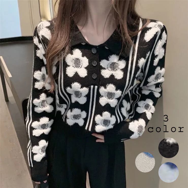 ポロ襟花柄ニットトップス 韓国ファッション 春[品番：SHNW0003735